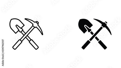 Fotografía Crossed shovel and pickaxe icon in outline and solid black silhouette for mining