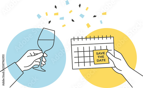 Save the date celebration with wine glass and calendar event