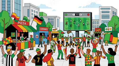 Colorful illustration of soccer fans cheering in a public viewing zone with a giant screen showing a football match in a city park. EPS Editable