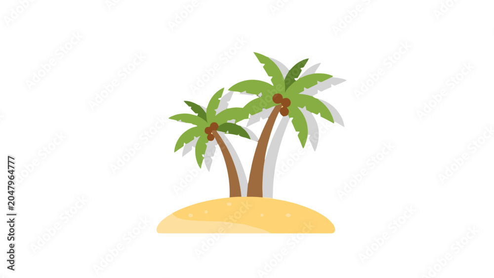 Αυτοκόλλητο A simple, stylized illustration of two palm trees with coconuts on a small sandy island, casting shadows