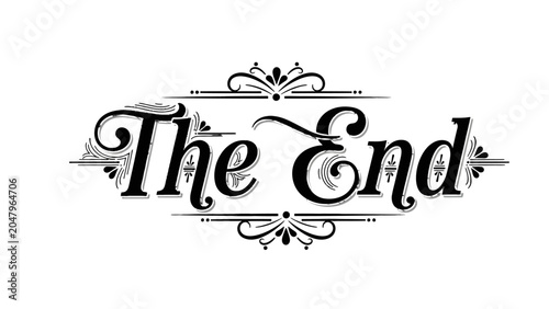 Konstfotografi Elegant black and white typography with decorative flourishes, displaying the words The End in a classic, ornate script font
