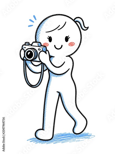 Cute doodle character of a girl photographer taking pictures with a camera while walking