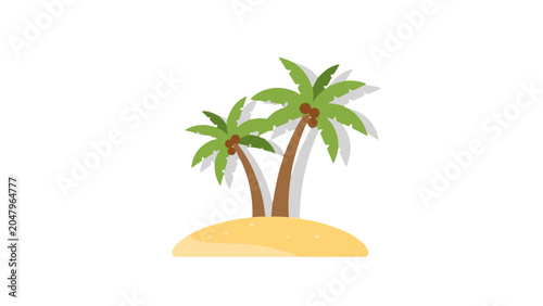 A simple, stylized illustration of two palm trees with coconuts on a small sandy island, casting shadows.