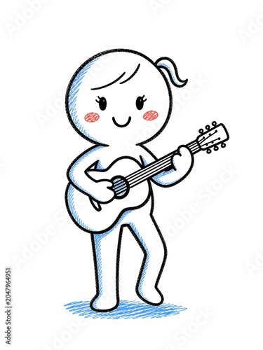 Cute doodle character of a girl with ponytail playing an acoustic guitar happily