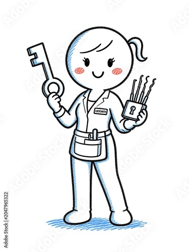 Cute doodle locksmith character holding large key and padlock with lock picking tools