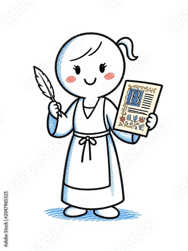 Cute doodle medieval scribe character with feather quill and illuminated manuscript page
