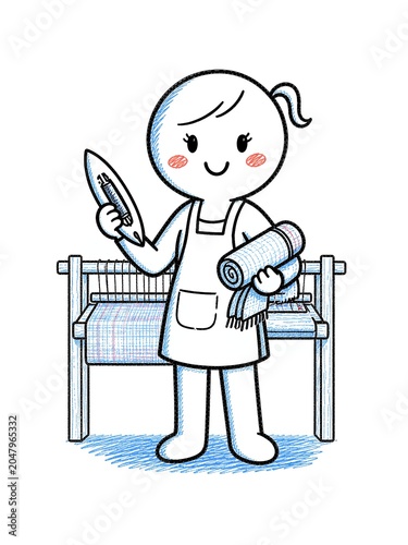Cute doodle weaver character holding shuttle and woven fabric roll beside wooden loom