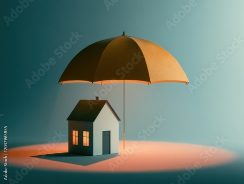 Miniature House Under Protective Umbrella on Softly Lit Background concept