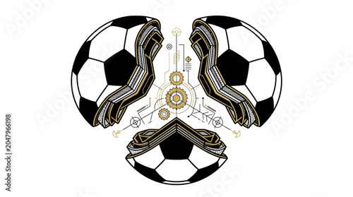 Futuristic cybernetic soccer ball split open revealing mechanical gears and electronic circuits inside. EPS Editable
