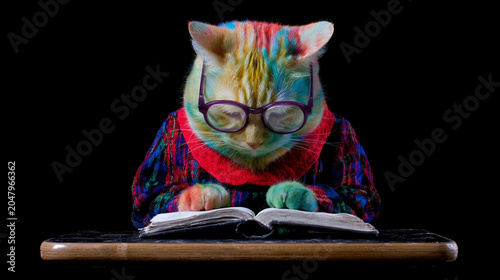 A smart cat wearing glasses is reading a book on a black background