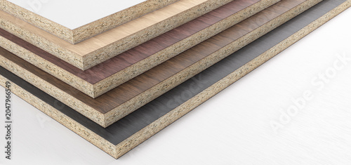 Multi-colored particleboard panels. CGI.