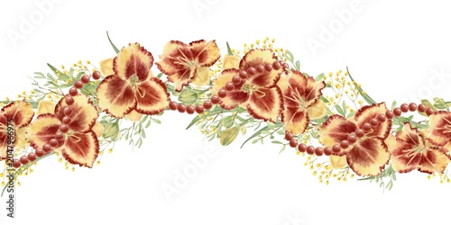 Photos A seamless border featuring red and yellow daylily flowers and gypsophila branches on an isolated wave-shaped background, entwined with beads, hand-painted in watercolor