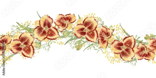 Bild auf Leinwand A seamless border featuring red and yellow daylily flowers and gypsophila branches on an isolated wave-shaped background, hand-painted in watercolor