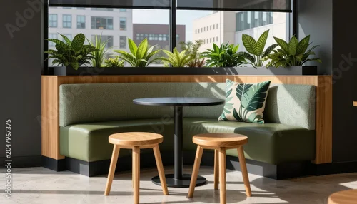 Fototapeta na wymiar Modern cafe booth seating with plants and city view. Use: cafe decor, office break room, interior design.