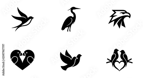 Foto Vector Bird Icons Set: Swallows, Heron, Eagle Head, Lovebirds Heart, Dove, Coupl