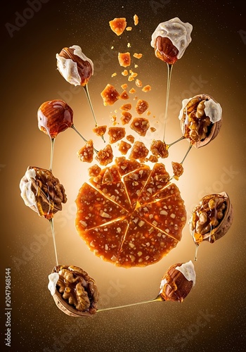 Nuts and brittle falling in gravity with liquid honey drips motion.
