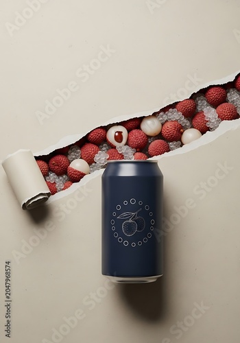 Blue soda can with litchi design and torn paper revealing fruit.