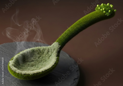 Green mossy spoon on dark slate with light steam emanating from it.