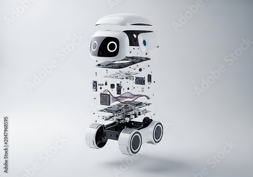 Exploded view of a small robot with wheels and circuits.
