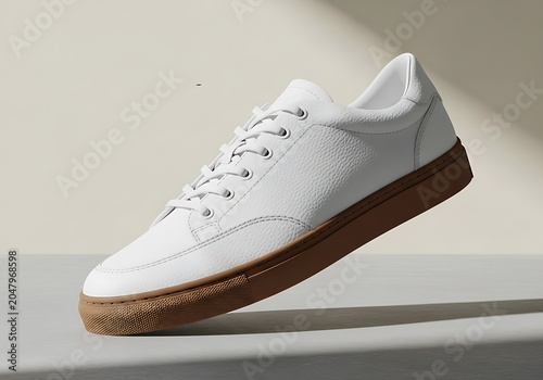 White leather sneaker with gum sole, modern casual footwear.