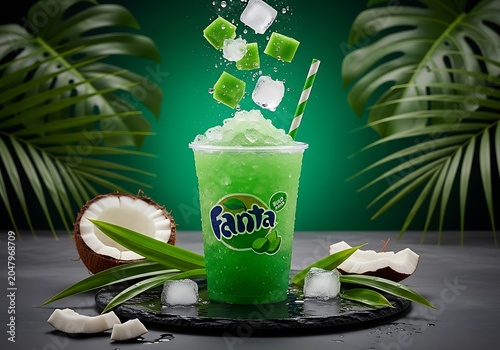 Fresh iced buko pandan drink in plastic cup with tropical coconut garnish.