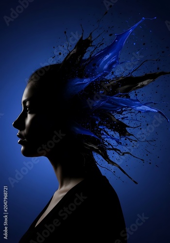 Artistic silhouette portrait of woman with creative blue liquid head splash.