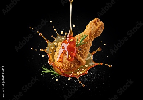 Crispy fried chicken leg with honey glaze splash and rosemary seasoning herb.