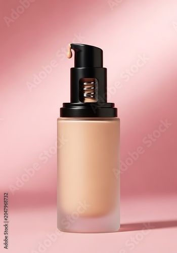 Professional makeup foundation bottle with liquid drop on pink background.
