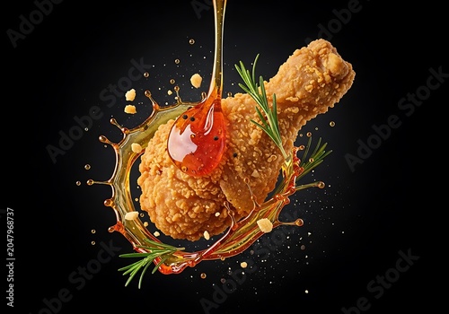 Appetizing fried chicken drumstick coated with honey splash and herbs style.