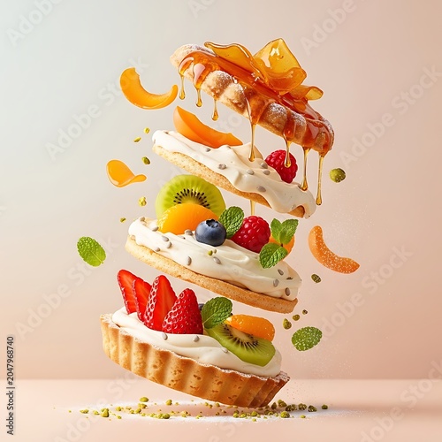 Gourmet fruit tart levitation with honey drizzle and whipped cream layers.