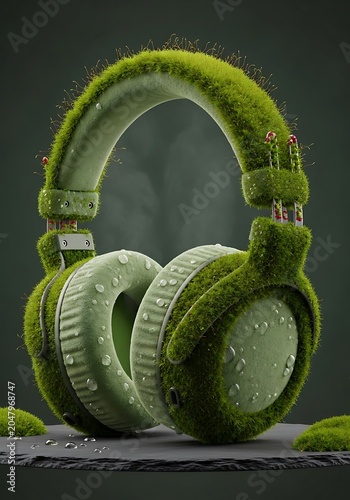 Ecological headphones covered in green moss and water drops on stone base.
