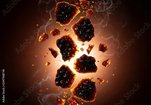Exploding burnt honeycomb caramel pieces with smoke on dark background.