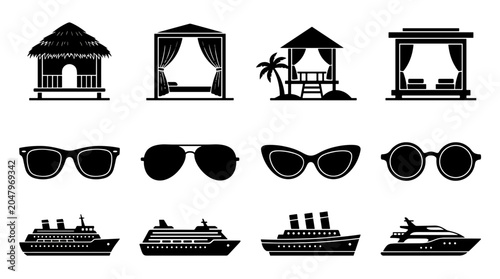 Set of black and white icons depicting beach house sunglasses and ships