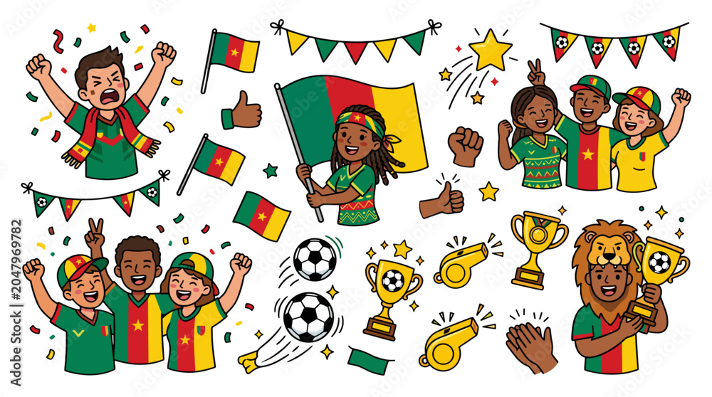 Fototapeta premium Celebration of football fans with flags, trophies, and cheering