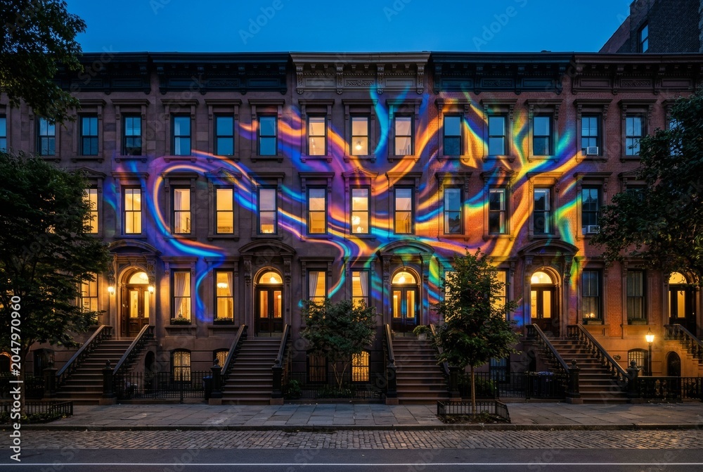 Obraz premium Historic Brownstone Buildings Illuminated with Colorful Light Projections