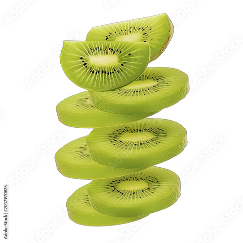 Floating kiwi slices composition in mid-air isolated on transparent background, PNG