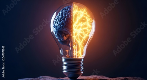 Human brain inside a glowing lightbulb representing creativity and intelligence