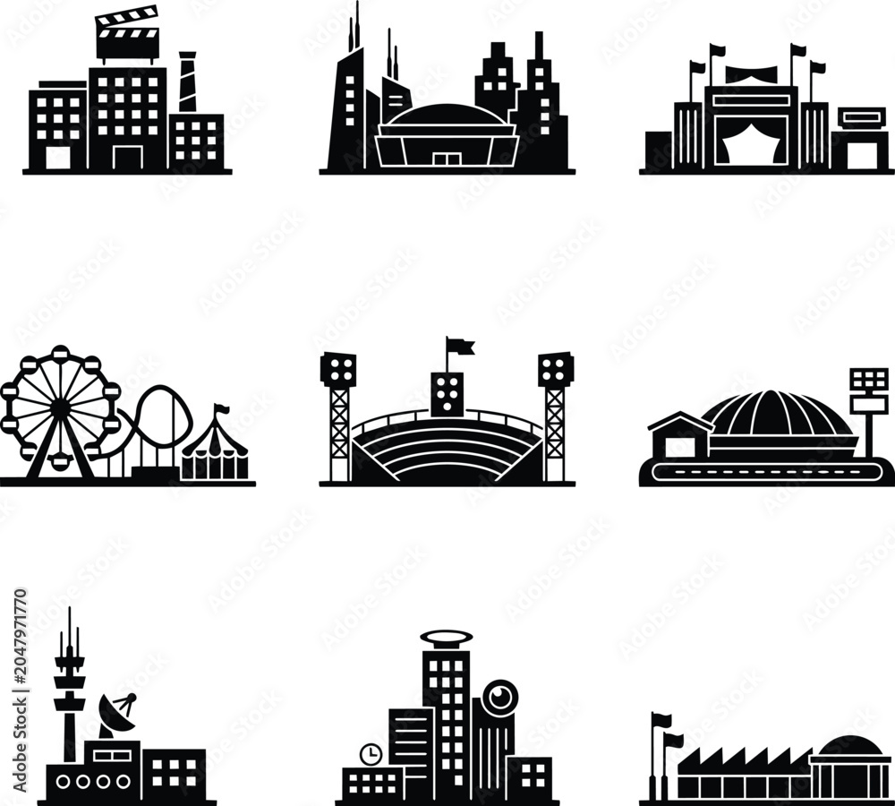 Obraz premium Amusement park and roller coaster, ferris wheel, and stadium lights and communication tower and satellite dish in outline style