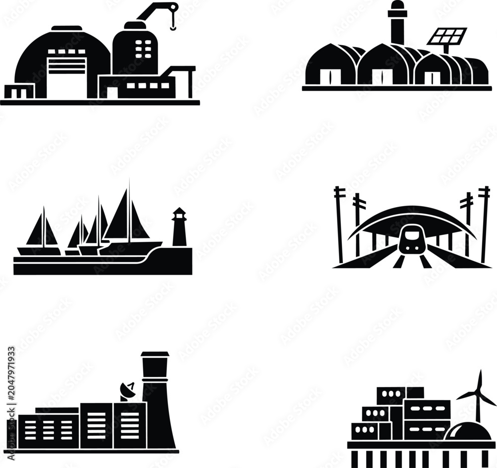 Obraz premium Industrial and transportation icons including factory, port, ships, and train station in outline style