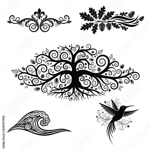 Vintage black filigree ornaments set, decorative tree of life with roots and swirls, elegant hummingbird and ocean wave vector illustrations