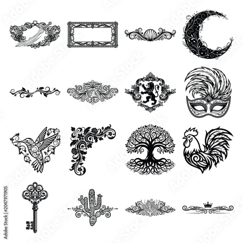 Vintage ornamental vector elements set, black filigree flourishes and heraldic icons, 16 decorative Victorian frames and symbols for luxury branding