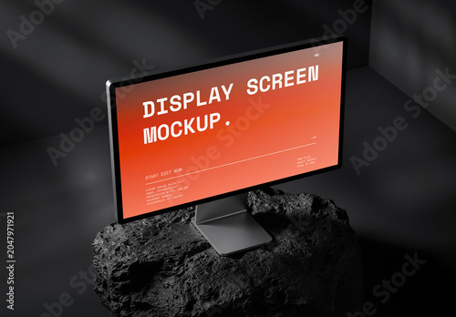 Modern Studio Display Screen Mockup Placed On A Black Stone