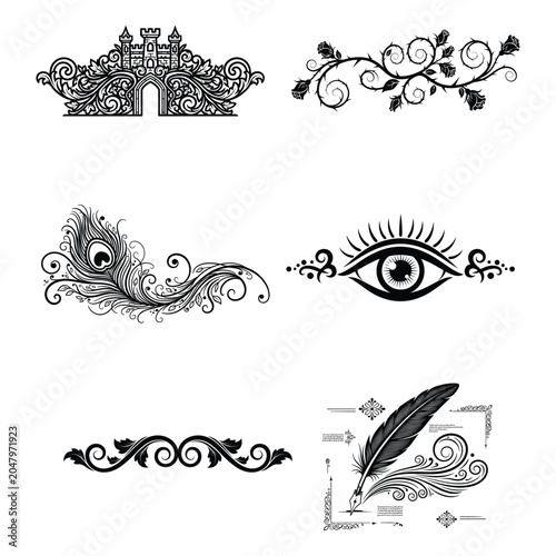 Vintage ornamental vector set, black filigree design elements with peacock feather and castle, elegant floral dividers and eye illustration