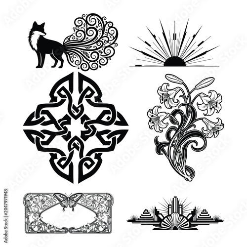 Vintage black and white decorative elements set, 6 ornamental vector icons including fox and celtic knot, art nouveau floral and art deco sunburst graphics