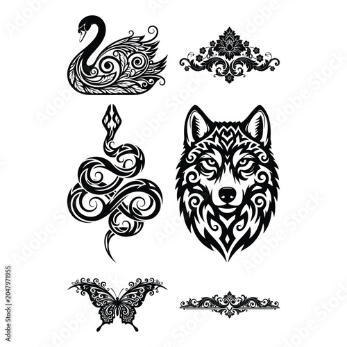 Ornate tribal animal tattoo set, black and white filigree wolf and swan illustrations, decorative butterfly and snake vector graphics for branding
