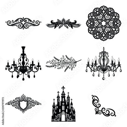 Vintage gothic silhouettes set, 9 ornate black vector elements, baroque chandeliers and medieval castle icons, decorative filigree flourishes for invitations