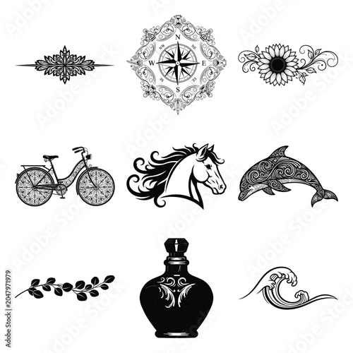Vintage black and white decorative elements, set of 9 ornate vector icons, classic horse and dolphin illustrations, elegant floral dividers