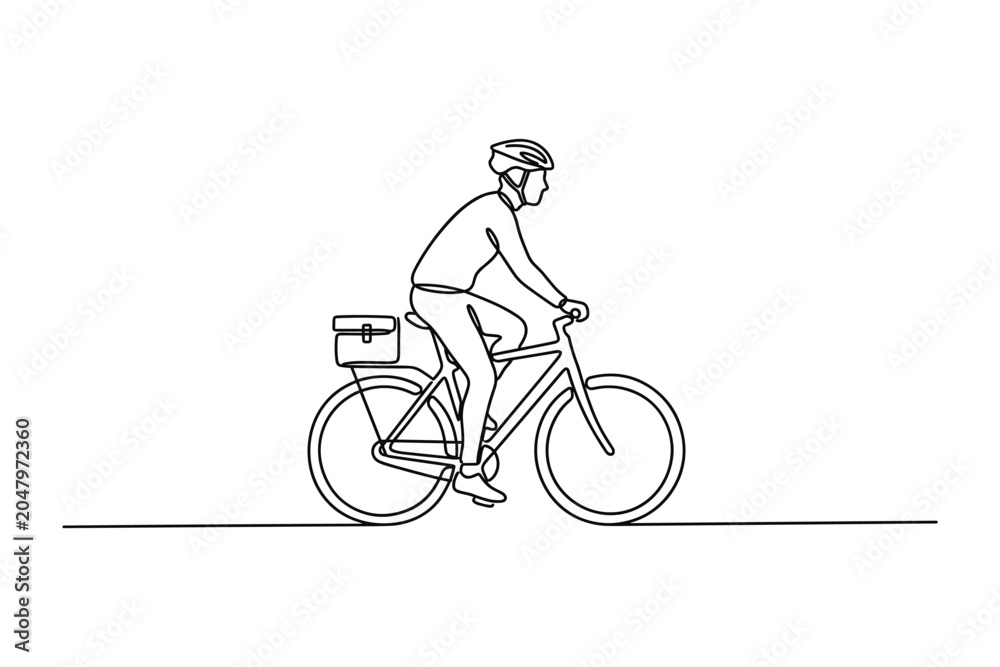 Obraz premium Continuous line drawing of a person cycling on a bicycle with a rear basket.