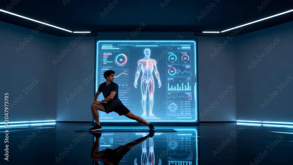Fototapeta premium Man doing exercise in futuristic room