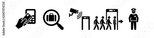 Cuadro en lienzo Set of security and surveillance vector icons including card access, baggage check, CCTV, metal detector screening, and a guard officer